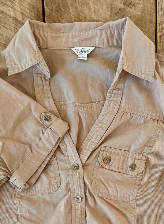 GUESS Tops - GUESS Women’s Tan Button Down V Neckline Shirt — SIZE S